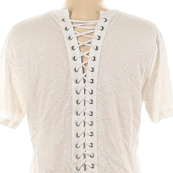 A.L.C. Linen Short Sleeve Top Size M White Lace Up Back Silver Grommets T-Shirt - Picture 7 of 10